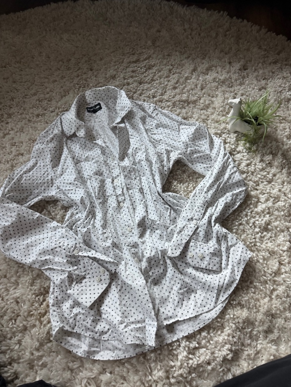 Lightweight Express White Button-Down Shirt with Black Polka Dots button-front b